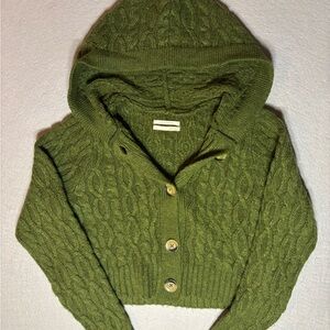 Anthropologie Cardigan Womens Size XS Green Hooded Cableknit Classic Boho